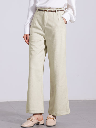 Wool Blend Wide Leg Zipper Pockets Belted Business Casual Pants