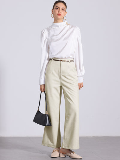 Wool Blend Wide Leg Zipper Pockets Belted Business Casual Pants