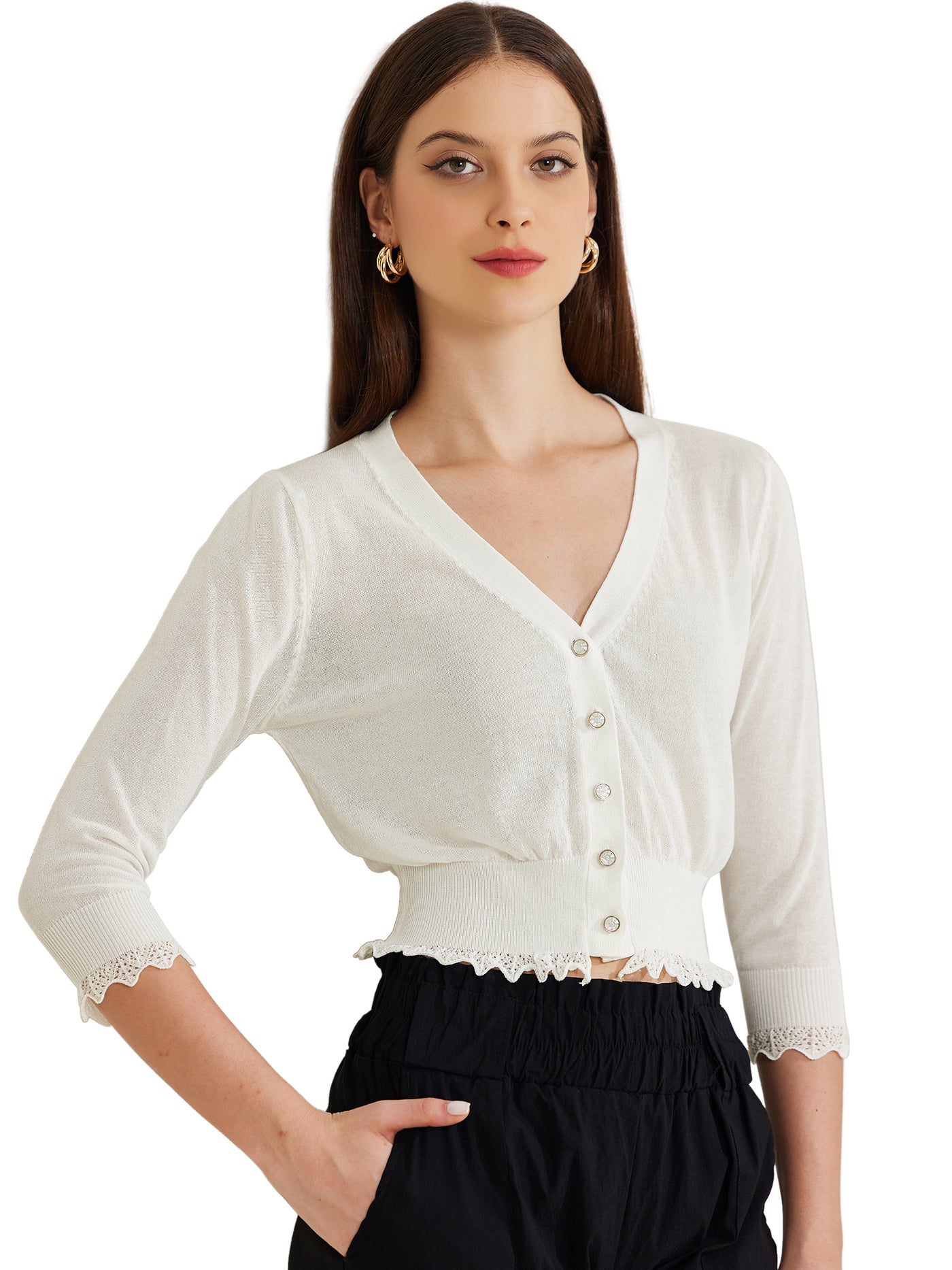 Allegra K 3/4 Sleeve Button Down Summer Knit Cropped Top