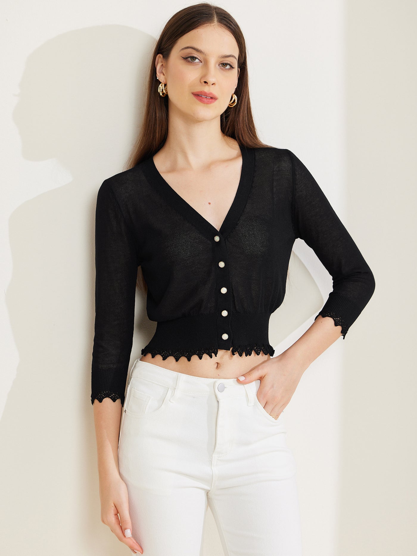 Allegra K 3/4 Sleeve Button Down Summer Knit Cropped Top