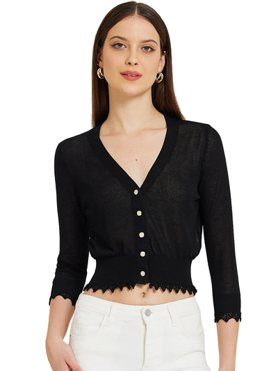 3/4 Sleeve Button Down Summer Knit Cropped Top