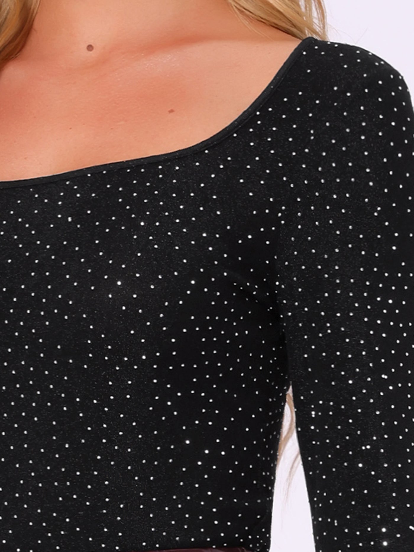 Allegra K Shiny Dots Square Neck Long Sleeve Party Bodysuits