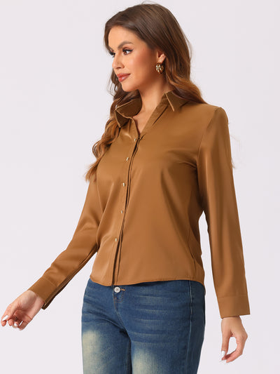 Collar Satin Button Down Long Sleeve Work Office Shirt