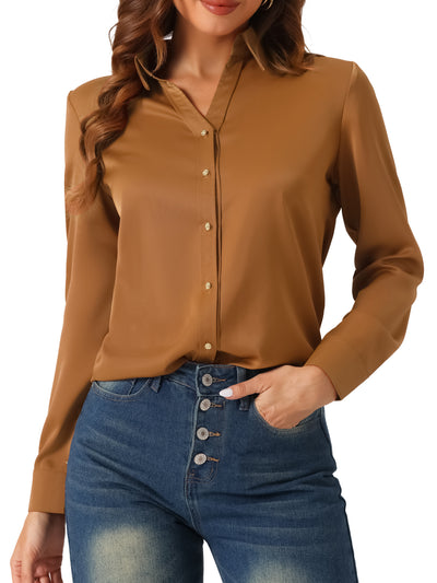 Collar Satin Button Down Long Sleeve Work Office Shirt