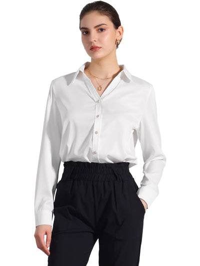 Collar Satin Button Down Long Sleeve Work Office Shirt