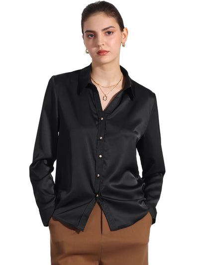 Collar Satin Button Down Long Sleeve Work Office Shirt