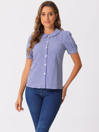 Plaid Puff Short Sleeve Gingham Peter Pan Collar Button Down Shirt