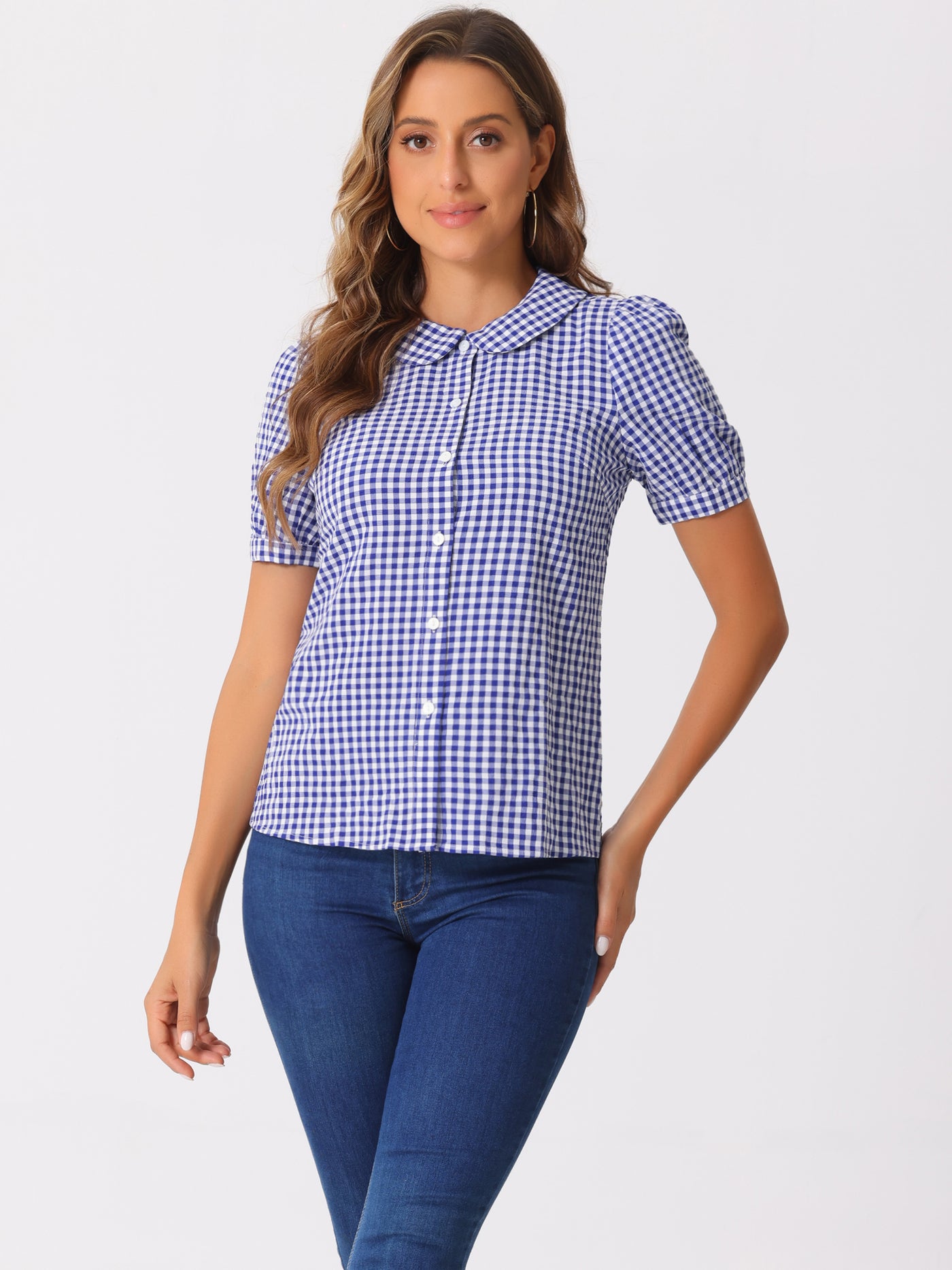 Allegra K Plaid Puff Short Sleeve Gingham Peter Pan Collar Button Down Shirt