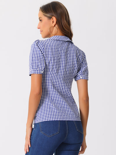 Plaid Puff Short Sleeve Gingham Peter Pan Collar Button Down Shirt