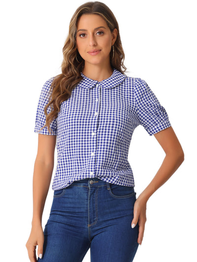 Plaid Puff Short Sleeve Gingham Peter Pan Collar Button Down Shirt