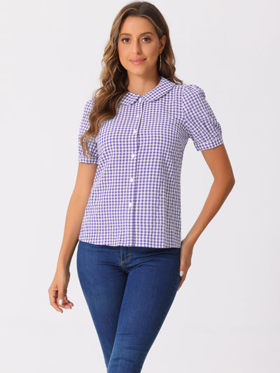 Plaid Puff Short Sleeve Gingham Peter Pan Collar Button Down Shirt