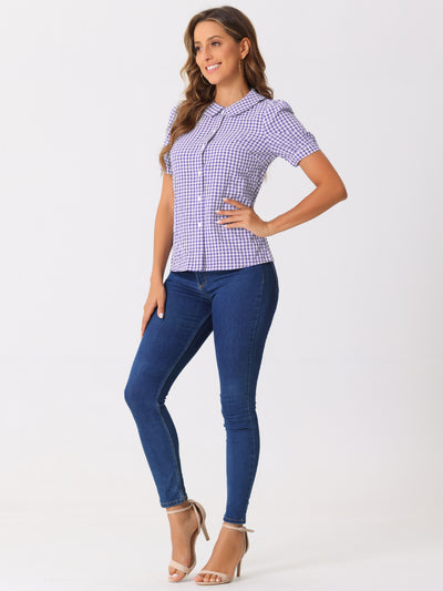 Plaid Puff Short Sleeve Gingham Peter Pan Collar Button Down Shirt