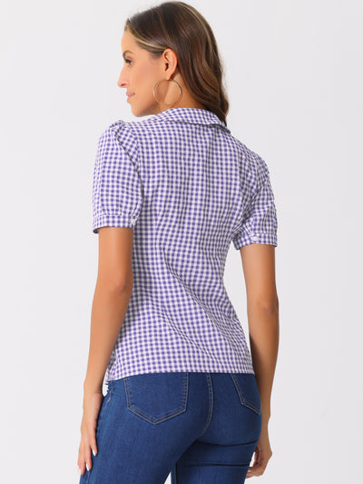 Plaid Puff Short Sleeve Gingham Peter Pan Collar Button Down Shirt