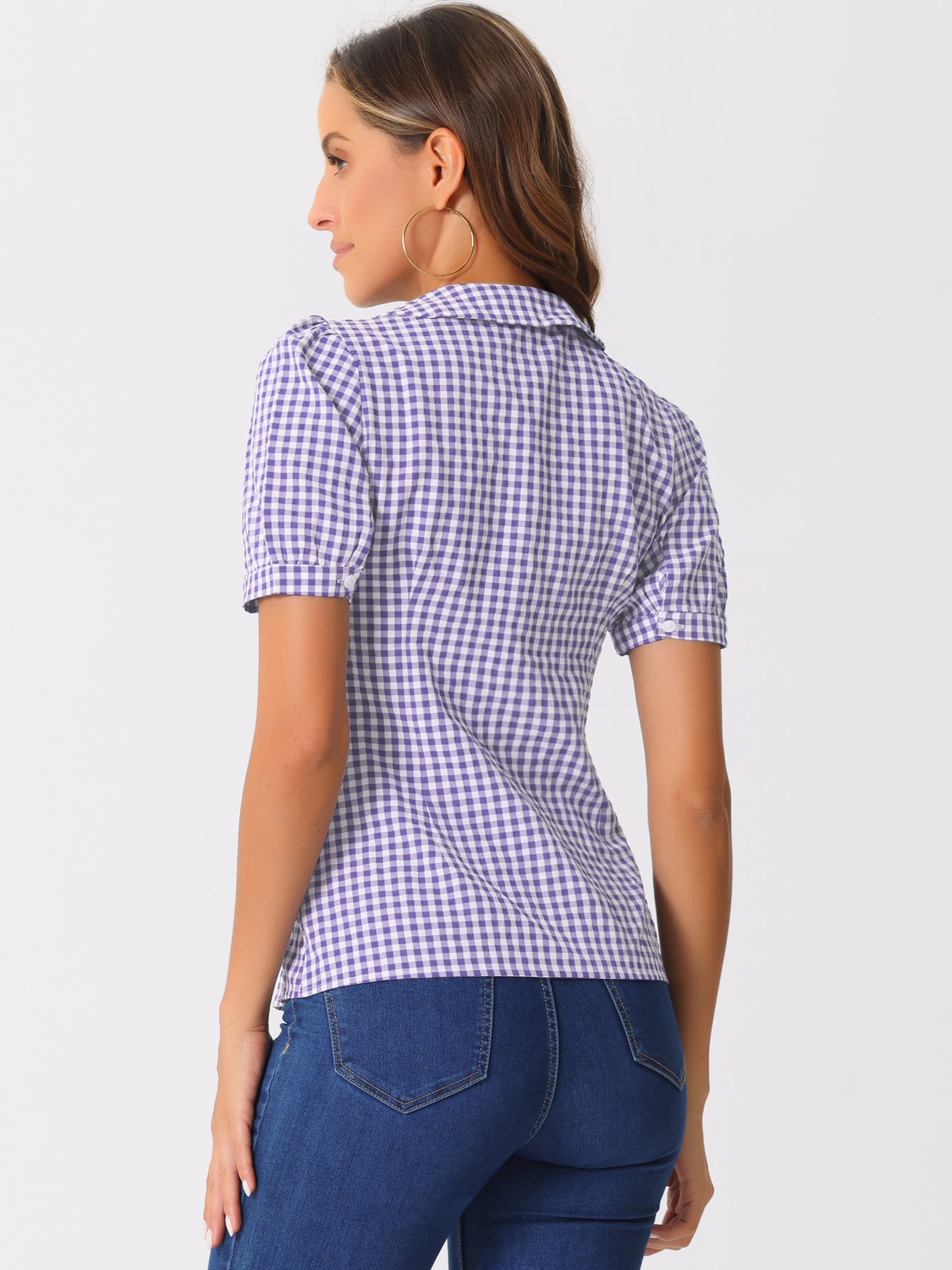 Allegra K Plaid Puff Short Sleeve Gingham Peter Pan Collar Button Down Shirt