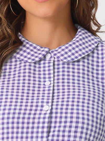 Plaid Puff Short Sleeve Gingham Peter Pan Collar Button Down Shirt