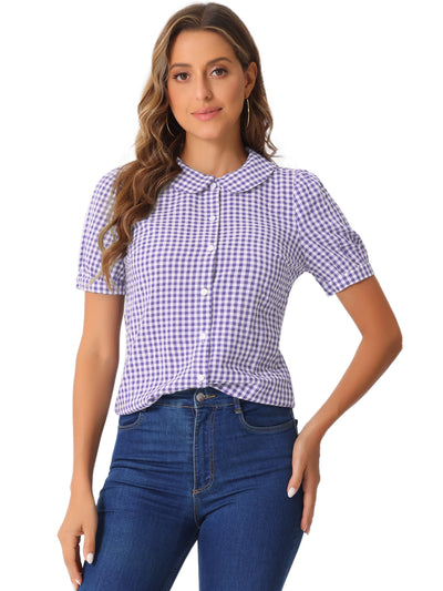 Plaid Puff Short Sleeve Gingham Peter Pan Collar Button Down Shirt