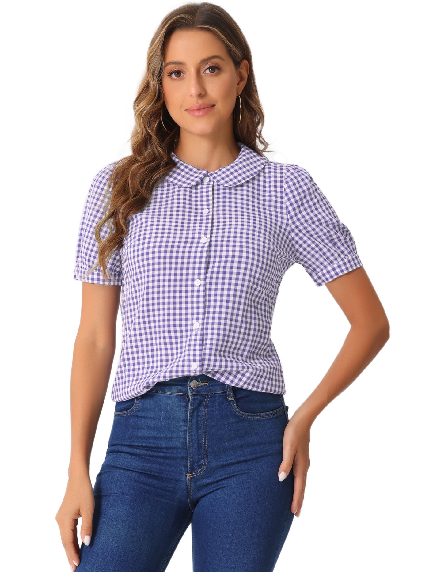 Allegra K Plaid Puff Short Sleeve Gingham Peter Pan Collar Button Down Shirt