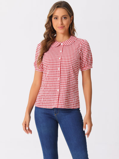 Plaid Puff Short Sleeve Gingham Peter Pan Collar Button Down Shirt