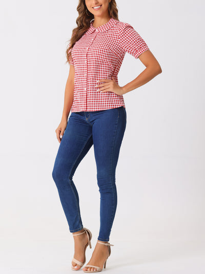 Plaid Puff Short Sleeve Gingham Peter Pan Collar Button Down Shirt