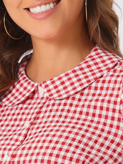 Plaid Puff Short Sleeve Gingham Peter Pan Collar Button Down Shirt