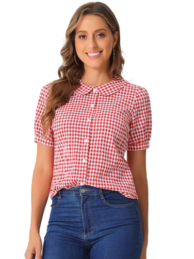 Plaid Puff Short Sleeve Gingham Peter Pan Collar Button Down Shirt