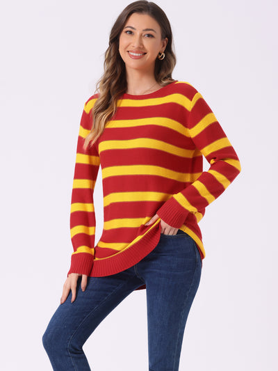 Round Neck Drop Shoulder Color Block Tunic Striped Sweater