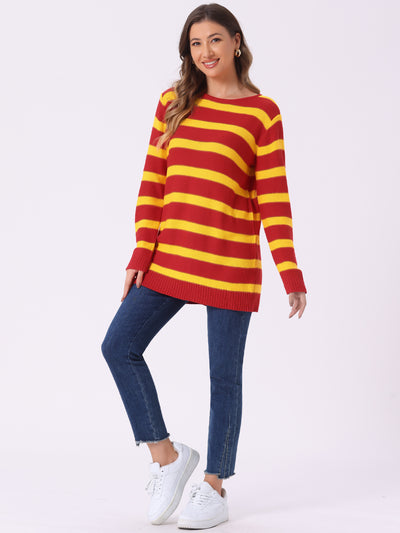 Round Neck Drop Shoulder Color Block Tunic Striped Sweater