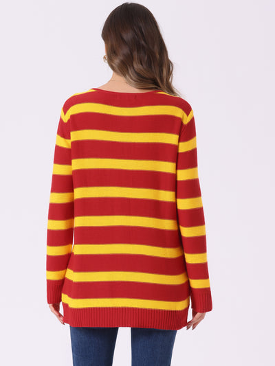 Round Neck Drop Shoulder Color Block Tunic Striped Sweater