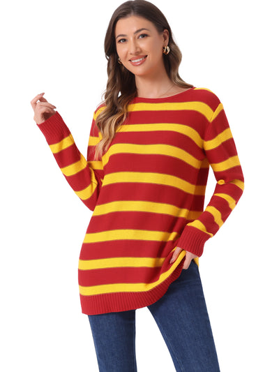 Round Neck Drop Shoulder Color Block Tunic Striped Sweater