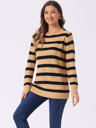 Round Neck Drop Shoulder Color Block Tunic Striped Sweater