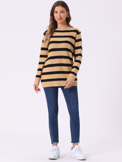 Round Neck Drop Shoulder Color Block Tunic Striped Sweater