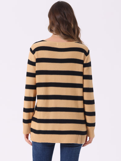 Round Neck Drop Shoulder Color Block Tunic Striped Sweater