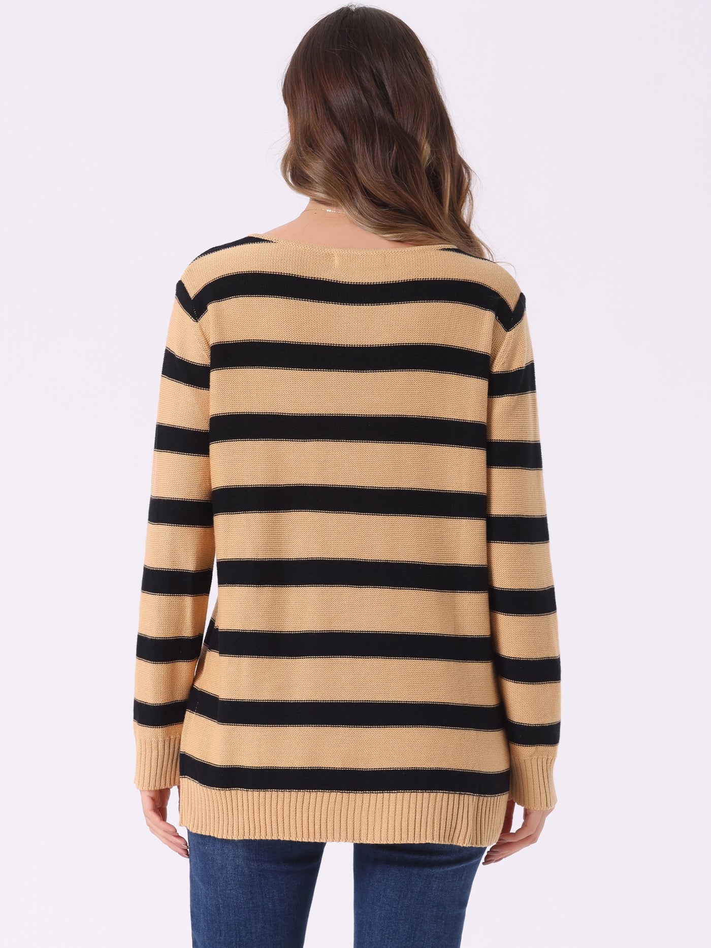 Allegra K Round Neck Drop Shoulder Color Block Tunic Striped Sweater