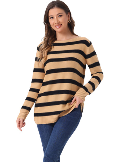 Round Neck Drop Shoulder Color Block Tunic Striped Sweater