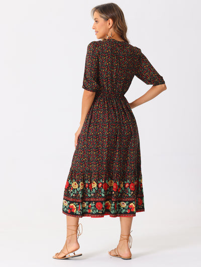 Drawstring Pockets Short Sleeve Floral Boho Midi Dress