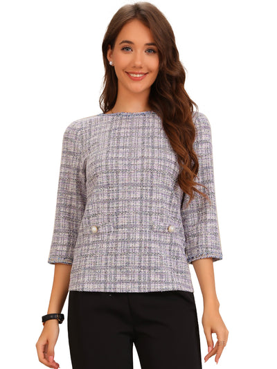 Tweed Plaid 3/4 Sleeves Button Decor Blouse