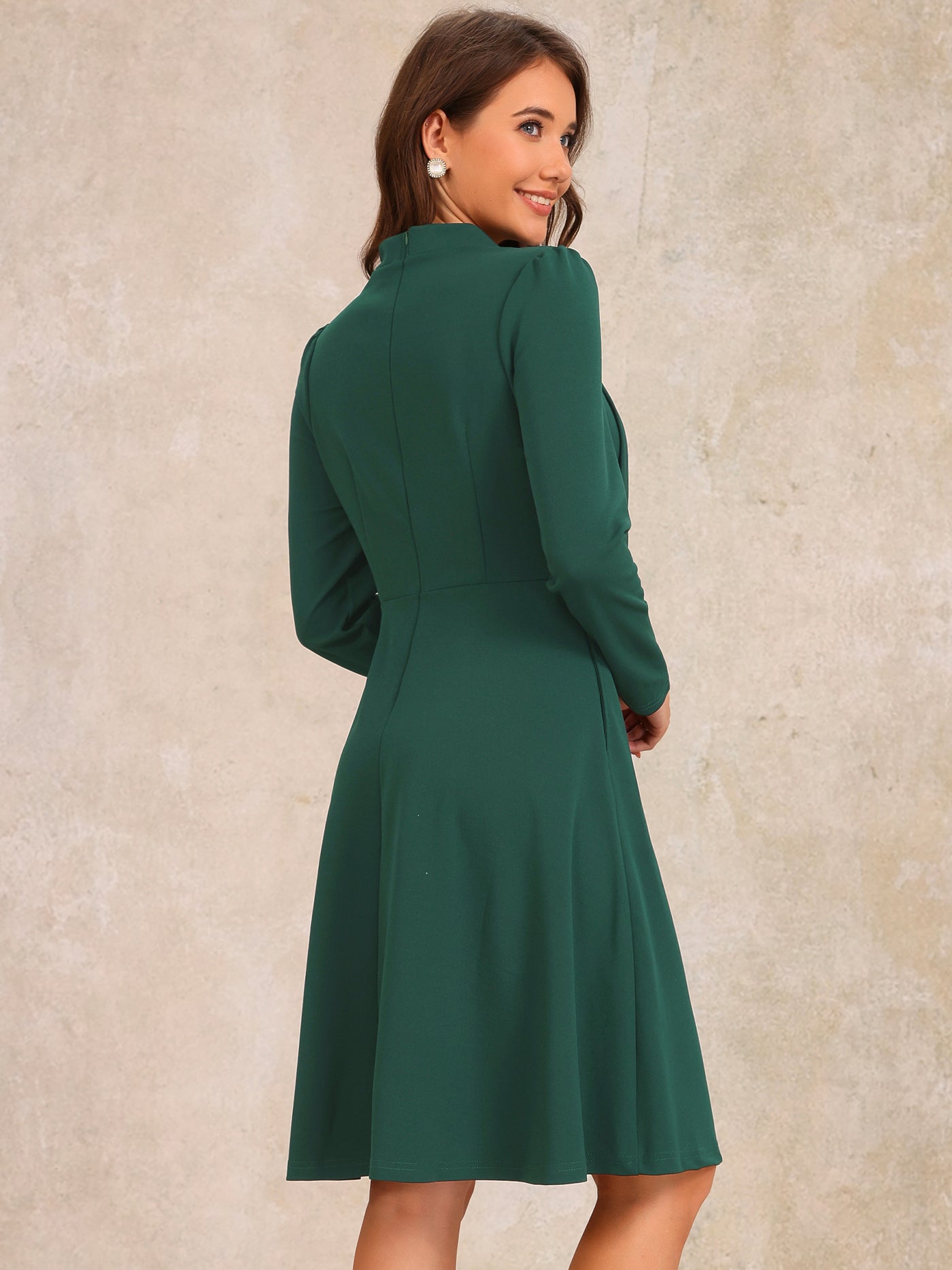 Allegra K Tie Mock Neck Long Sleeves A-Line Midi Dress