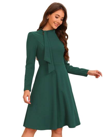 Tie Mock Neck Long Sleeves A-Line Midi Dress