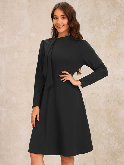 Tie Mock Neck Long Sleeves A-Line Midi Dress