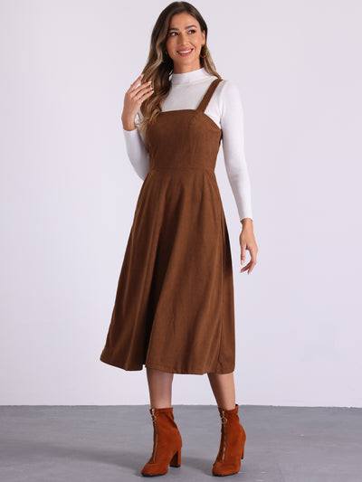 Corduroy Pockets A-Line Sleeveless Casual Midi Pinafore Dress