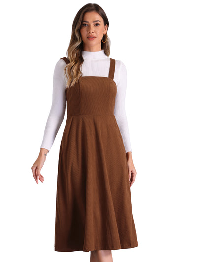 Corduroy Pockets A-Line Sleeveless Casual Midi Pinafore Dress