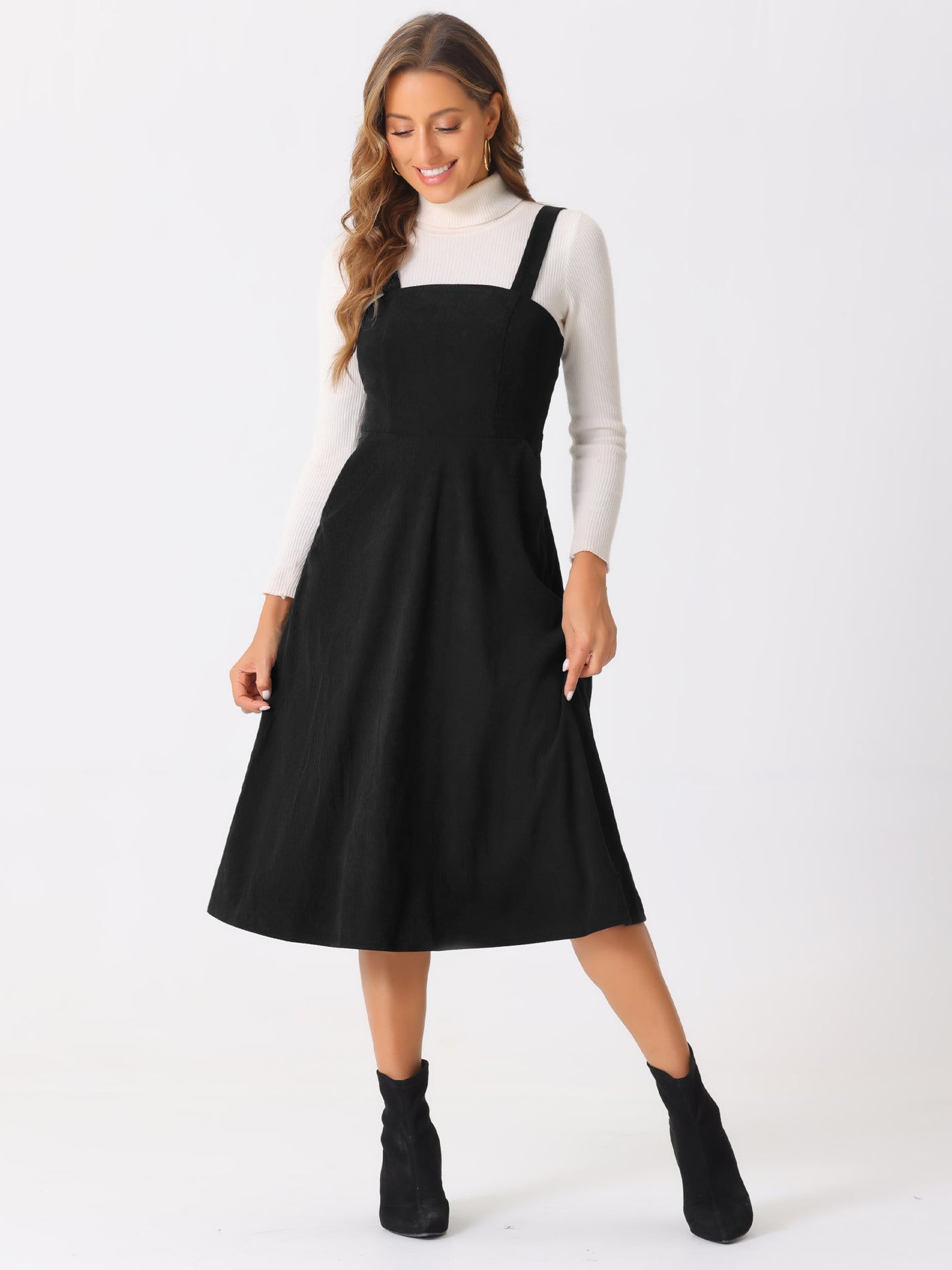 Allegra K Corduroy Pockets A-Line Sleeveless Casual Midi Pinafore Dress