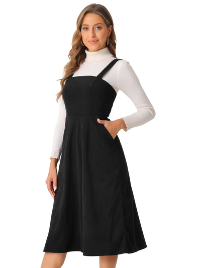 Corduroy Pockets A-Line Sleeveless Casual Midi Pinafore Dress