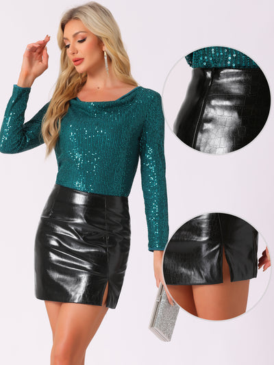 Allegra K Faux Leather Split High Waist Pencil Mini Skirt