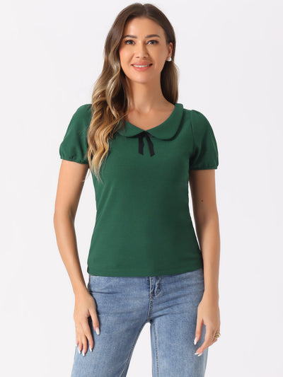 Bow Neck Solid Short Sleeve Peter Pan Collar Blouse