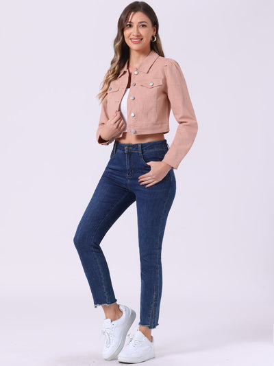 Lightweight Button Down Puff Sleeve Cropped Denim Jacket