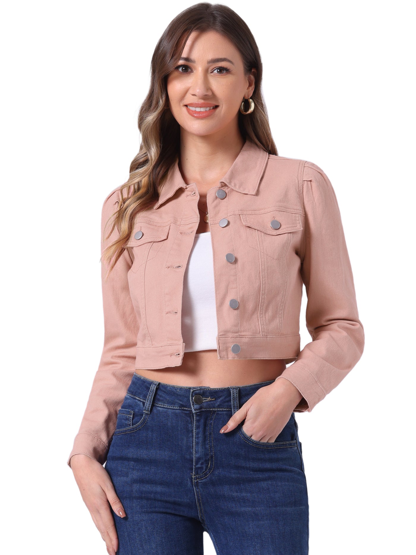 Allegra K Lightweight Button Down Puff Sleeve Cropped Denim Jacket