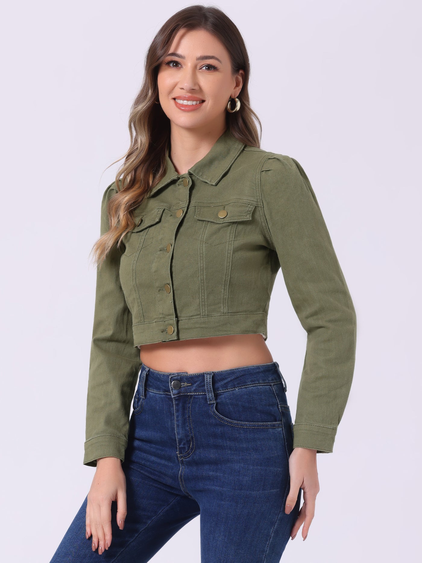 Allegra K Lightweight Button Down Puff Sleeve Cropped Denim Jacket