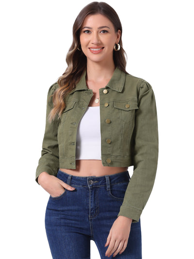 Lightweight Button Down Puff Sleeve Cropped Denim Jacket