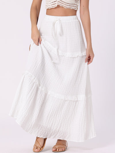 Tiered Belt Ruffle Lattice Texture Casual A-Line Maxi Skirt